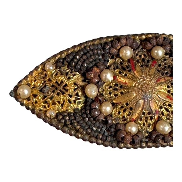 Antique France Gold Filigree & Beaded Brooch Faux Pearls Handmade Unique Design - Picture 6 of 9